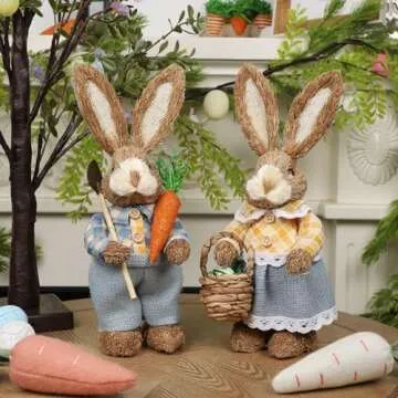 DR.DUDU Set of 2 Easter Decorations 13" Bunny Figurines Tabletop Spring Decor, Rustic Straw Bunny Couple with Carrot, Sisal Rabbit Statues Ornaments for Table Home Office Kitchen Farmhouse