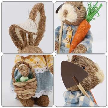 DR.DUDU Set of 2 Easter Decorations 13" Bunny Figurines Tabletop Spring Decor, Rustic Straw Bunny Couple with Carrot, Sisal Rabbit Statues Ornaments for Table Home Office Kitchen Farmhouse