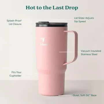 REDUCE 24 oz Hot1 Vacuum Insulated Mug for Hot Tea, Coffee and Other Hot Drinks - With Flo-Motion Lid and Handle, Single-Serve and Cupholder Friendly, Keeps Drinks Hot for up to 8 Hrs, Pink Salt