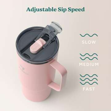 REDUCE 24 oz Hot1 Vacuum Insulated Mug for Hot Tea, Coffee and Other Hot Drinks - With Flo-Motion Lid and Handle, Single-Serve and Cupholder Friendly, Keeps Drinks Hot for up to 8 Hrs, Pink Salt