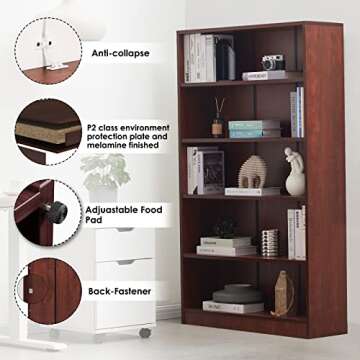 Wood Bookcase 5-Shelf for Home Office - Stylish Storage