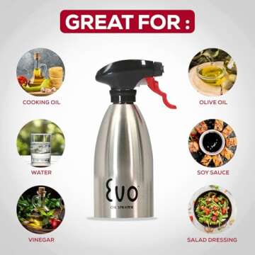 Evo 18/8 Stainless Steel Oil Sprayer, Non-Aerosol for Olive Oil, Cooking Oils, and Vinegars, Silver,...