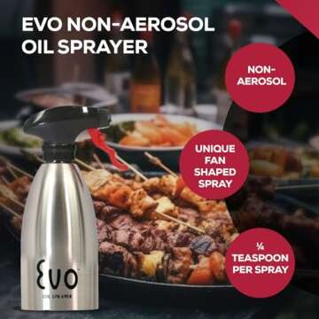 Evo 18/8 Stainless Steel Oil Sprayer, Non-Aerosol for Olive Oil, Cooking Oils, and Vinegars, Silver, 16-Ounce Capacity