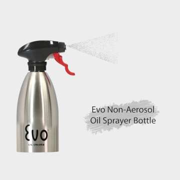 Evo 18/8 Stainless Steel Oil Sprayer, Non-Aerosol for Olive Oil, Cooking Oils, and Vinegars, Silver, 16-Ounce Capacity