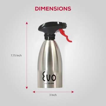 Evo 18/8 Stainless Steel Oil Sprayer, Non-Aerosol for Olive Oil, Cooking Oils, and Vinegars, Silver, 16-Ounce Capacity