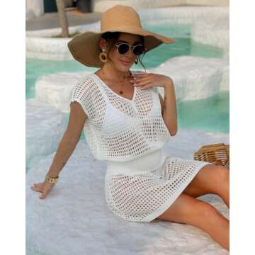Bsubseach Women Hollow Out Beach Bathing Suit Cover Ups Short Sleeve V Neck Bikini Vacation Tunic Dress White