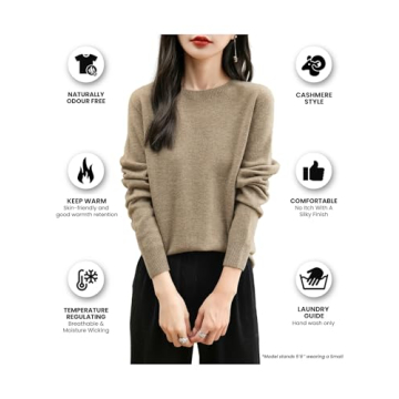 Chanyarn Women's 100% Merino Wool Sweater 2024 Fall Pullover Crewneck Long Sleeve Seamless Knit Soft Cashmere Style Winter Warm Sweater (Tan,L)