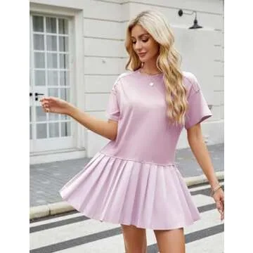 WEQULE Women's Summer Mini Dress Casual Loose Crew Neck Flowy Peplum Sundress Tunic Babydoll Tops (Mauve-S)