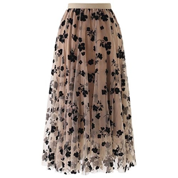 CHICWISH Women's Caramel 3D Posy Double-Layered Mesh Midi Skirt, Size S-M