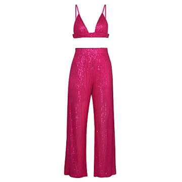 Seyumixi Women Sparkle Outfits Sequin Pants Elastic Waist Wide Leg Trousers Glitter Shiny Pants Bling Party Clubwear(Pink Pants,S)
