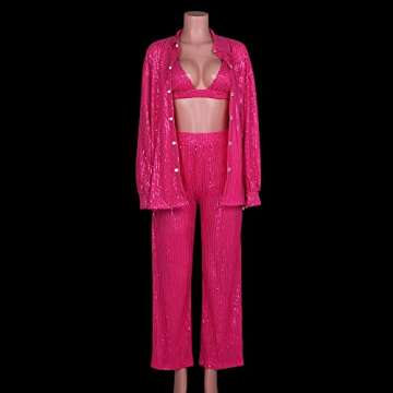 Seyumixi Women Sparkle Outfits Sequin Pants Elastic Waist Wide Leg Trousers Glitter Shiny Pants Bling Party Clubwear(Pink Pants,S)