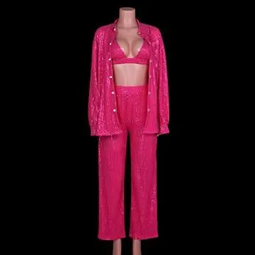 Seyumixi Women Sparkle Outfits Sequin Pants Elastic Waist Wide Leg Trousers Glitter Shiny Pants Bling Party Clubwear(Pink Pants,S)