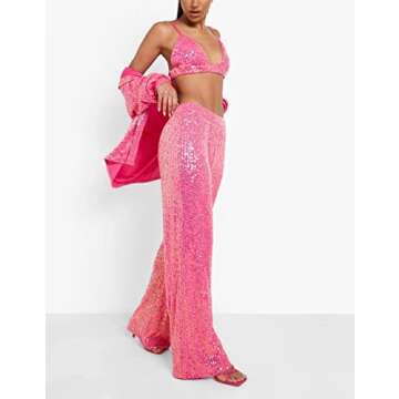Seyumixi Women Sparkle Outfits Sequin Pants Elastic Waist Wide Leg Trousers Glitter Shiny Pants Bling Party Clubwear(Pink Pants,S)