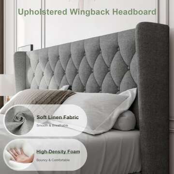 Feonase King Size Bed Frame with Wingback, Upholstered Platform Bed with Diamond Tufted Headboard, Heavy Duty Bed Frame, Wood Slat, Easy Assembly, Noise-Free, No Box Spring Needed, Light Gray