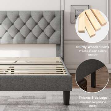 Feonase King Size Bed Frame with Wingback, Upholstered Platform Bed with Diamond Tufted Headboard, Heavy Duty Bed Frame, Wood Slat, Easy Assembly, Noise-Free, No Box Spring Needed, Light Gray