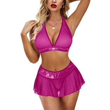 ADOME 3-Piece Lingerie Set: Halter Top, Mini Skirt & G-String for Women