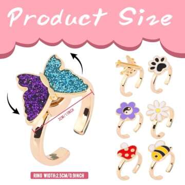 MJartoria 7Pcs Fidget Rings for Anxiety, Butterfly Flower Stainless Steel Spinner Ring Set Mood Rings Stress Relieving Wide Rings Set(Gold)