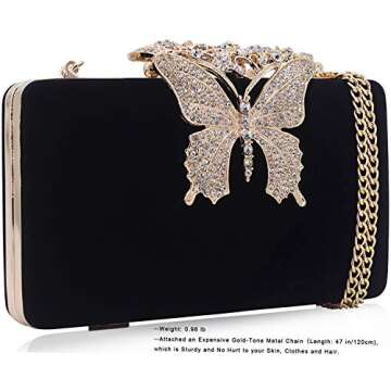 Dexmay Unique Velvet Clutch with Rhinestone Crystal Butterfly Clasp Women Evening Bag for Formal Party Black