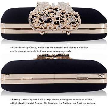 Dexmay Unique Velvet Clutch with Rhinestone Crystal Butterfly Clasp Women Evening Bag for Formal Party Black