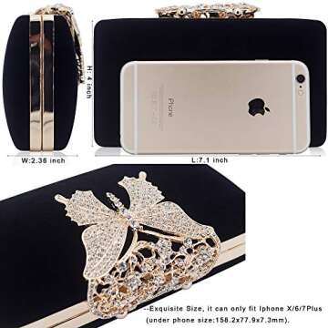 Dexmay Unique Velvet Clutch with Rhinestone Crystal Butterfly Clasp Women Evening Bag for Formal Party Black