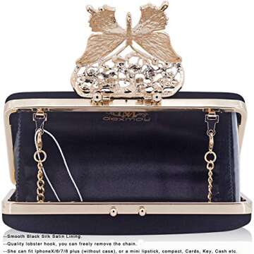Dexmay Unique Velvet Clutch with Rhinestone Crystal Butterfly Clasp Women Evening Bag for Formal Party Black