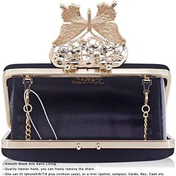 Dexmay Unique Velvet Clutch with Rhinestone Crystal Butterfly Clasp Women Evening Bag for Formal Party Black