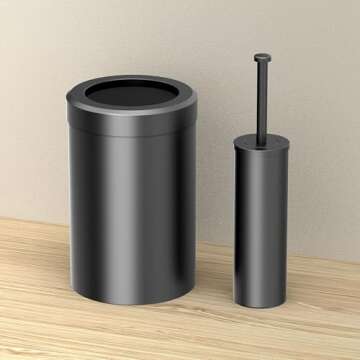 Gatco Modern Round Waste Basket and Toilet Brush Set, Matte Black- Stainless Steel Trash Can with Re...