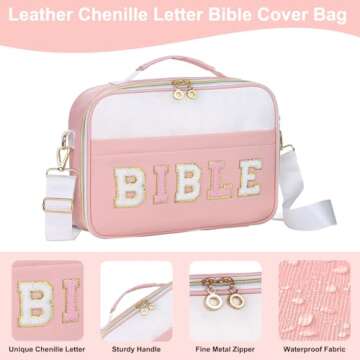 FCQQYWZ Leather Bible Cover Case for Women, Large Chenille Letter Bible Carrying Case with Shoulder ...