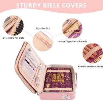 FCQQYWZ Leather Bible Cover Case for Women, Large Chenille Letter Bible Carrying Case with Shoulder Strap, Church Bible Tote Bag for Woman Teen Gril, Bible Holder for Bible Study Accessories-Pink