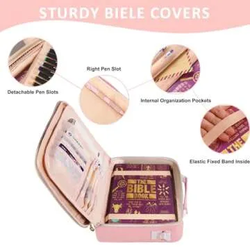 FCQQYWZ Leather Bible Cover Case for Women, Large Chenille Letter Bible Carrying Case with Shoulder Strap, Church Bible Tote Bag for Woman Teen Gril, Bible Holder for Bible Study Accessories-Pink