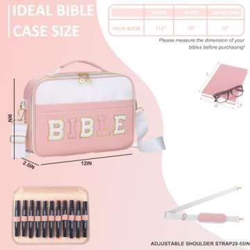 FCQQYWZ Leather Bible Cover Case for Women, Large Chenille Letter Bible Carrying Case with Shoulder Strap, Church Bible Tote Bag for Woman Teen Gril, Bible Holder for Bible Study Accessories-Pink