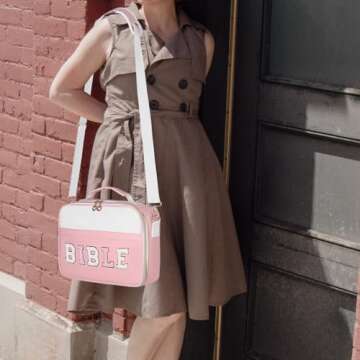 FCQQYWZ Leather Bible Cover Case for Women, Large Chenille Letter Bible Carrying Case with Shoulder Strap, Church Bible Tote Bag for Woman Teen Gril, Bible Holder for Bible Study Accessories-Pink