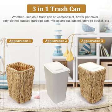 Oranwell Small Trash Can with Lid, 3 Gallon Slim Trash Garbage Can Narrow Rubbish Waste Bin Basket with Press Top, Compact Woven Wicker Wastebasket Wastepaper Basket for Bathroom Bedroom Office