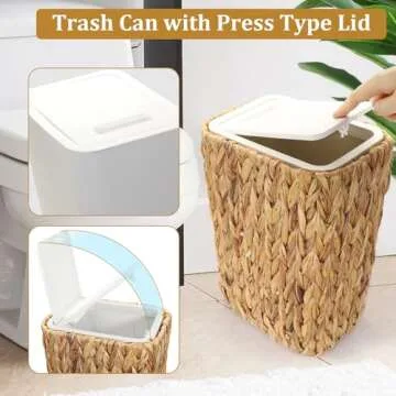 Oranwell Small Trash Can with Lid, 3 Gallon Slim Trash Garbage Can Narrow Rubbish Waste Bin Basket with Press Top, Compact Woven Wicker Wastebasket Wastepaper Basket for Bathroom Bedroom Office