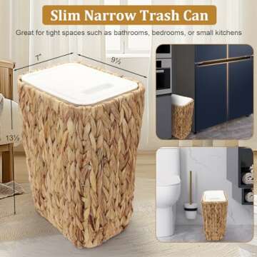 Oranwell Small Trash Can with Lid, 3 Gallon Slim Trash Garbage Can Narrow Rubbish Waste Bin Basket with Press Top, Compact Woven Wicker Wastebasket Wastepaper Basket for Bathroom Bedroom Office