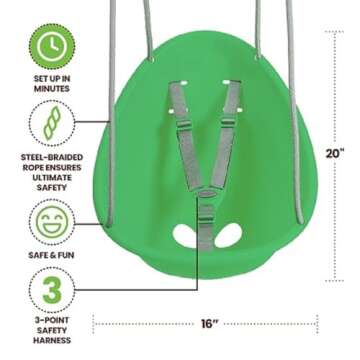 Swurfer Coconut Toddler Swing – Comfy Baby Swing Outdoor, 3-Point Adjustable Safety Harness, Secure, Safe Quick Click Locking System, Blister-Free Rope, Ages 9 Mos and Up, Green