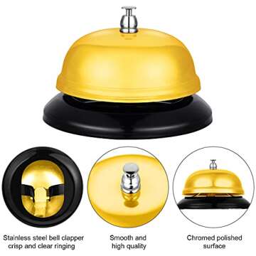 Boao Desk Service Dinner Bell Metal Silver Call Bell and Double Side No Receptionist Sign Please Ring Sign for Service Assistance for Hotel School Restaurant Reception Area(Yellow Bell)