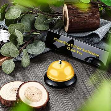 Boao Desk Service Dinner Bell Metal Silver Call Bell and Double Side No Receptionist Sign Please Ring Sign for Service Assistance for Hotel School Restaurant Reception Area(Yellow Bell)