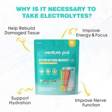 Venture Pal Sugar Free Electrolyte Powder Packets - Liquid Daily IV Drink Mix for Rapid Hydration & Party Recovery | 5 Vitamins & 7 Electrolytes| Keto Friendly | Non-GMO | Certified Vegan | 16 Sticks