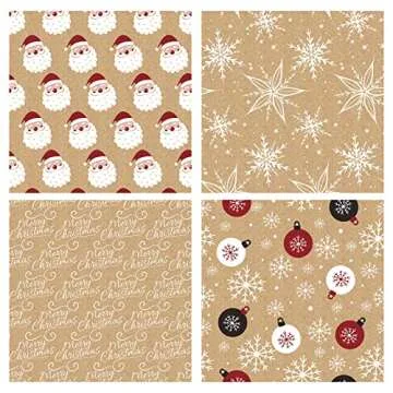 RUSPEPA Christmas Wrapping Paper, Kraft Paper - Santa Claus, Snowflake, Christmas Ball and Merry Christmas - 4 Rolls - 30 inches x 10 feet per Roll