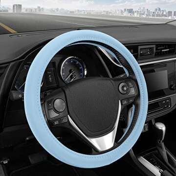 BDK Ultra Soft Blue Steering Wheel Cover, Unisex Car Accessories Non-Slip Comfy Soft Grip Faux Leather Auto Steering Wheel Cover for Cars Trucks Vans SUVs - Fits Standard 15" Inch Steering Wheels