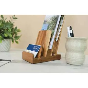 Brochure Holder - 4-Tier Acacia Wood Brochure Display Stand - Waterproof Flyer Stand w/Non-Slip Base...