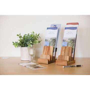 Brochure Holder - 4-Tier Acacia Wood Brochure Display Stand - Waterproof Flyer Stand w/Non-Slip Base - Handmade Flyer Holder for Flyer Display, Menu Holder, Pamphlet & Business Cards- [Pack of 1]