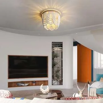 RyaHQ Bohemian Lighting Bohemian Chandelier Handmade Beaded Chandelier Bohemian Lighting Ceiling Beaded Lighting 3 Light Wood Bead Chandelier Nursery Lighting Bedroom Chandelier (White)