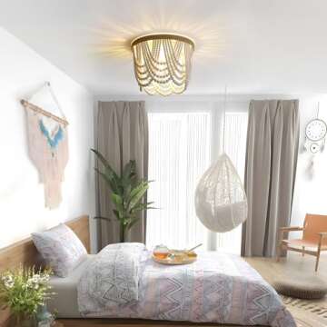 RyaHQ Bohemian Lighting Bohemian Chandelier Handmade Beaded Chandelier Bohemian Lighting Ceiling Beaded Lighting 3 Light Wood Bead Chandelier Nursery Lighting Bedroom Chandelier (White)