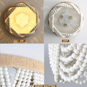 RyaHQ Bohemian Lighting Bohemian Chandelier Handmade Beaded Chandelier Bohemian Lighting Ceiling Beaded Lighting 3 Light Wood Bead Chandelier Nursery Lighting Bedroom Chandelier (White)