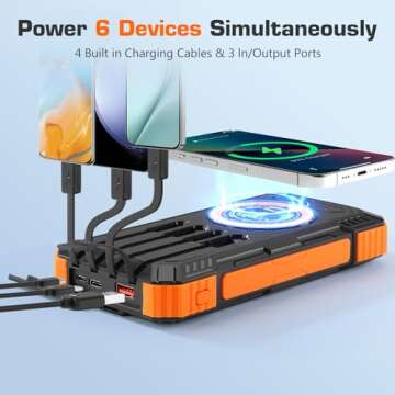 Solar Charger Power Bank,36000mAh Portable Wireless Charger with USB-C in/Output,15W Fast Charging External Battery Pack Built in 4 Cables,Three Inputs Phone Portable Charger (Black-Orange, 36000mAh)