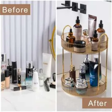 shuang qing Rotating Makeup Organizer for Vanity 2 Tier, High-Capacity Skincare Clear Make Up Storage Perfume Organizers Cosmetic Dresser Organizer Countertop 360 Spinning （Gold）
