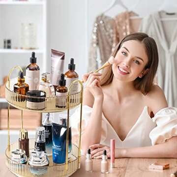 shuang qing Rotating Makeup Organizer for Vanity 2 Tier, High-Capacity Skincare Clear Make Up Storage Perfume Organizers Cosmetic Dresser Organizer Countertop 360 Spinning （Gold）