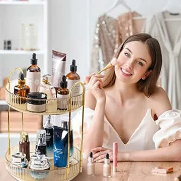 shuang qing Rotating Makeup Organizer for Vanity 2 Tier, High-Capacity Skincare Clear Make Up Storage Perfume Organizers Cosmetic Dresser Organizer Countertop 360 Spinning （Gold）